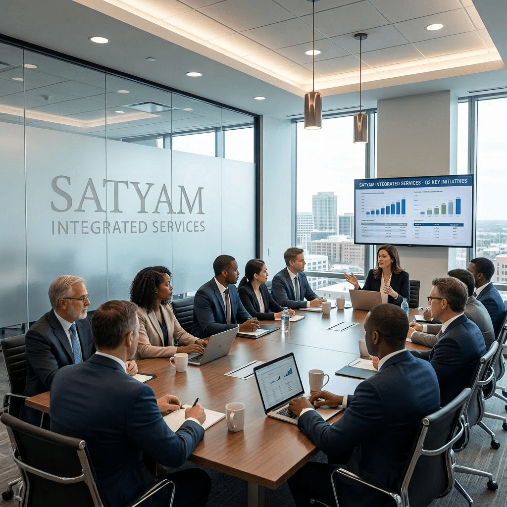 Construction workers in safety gear working on steel framework near a glass office building